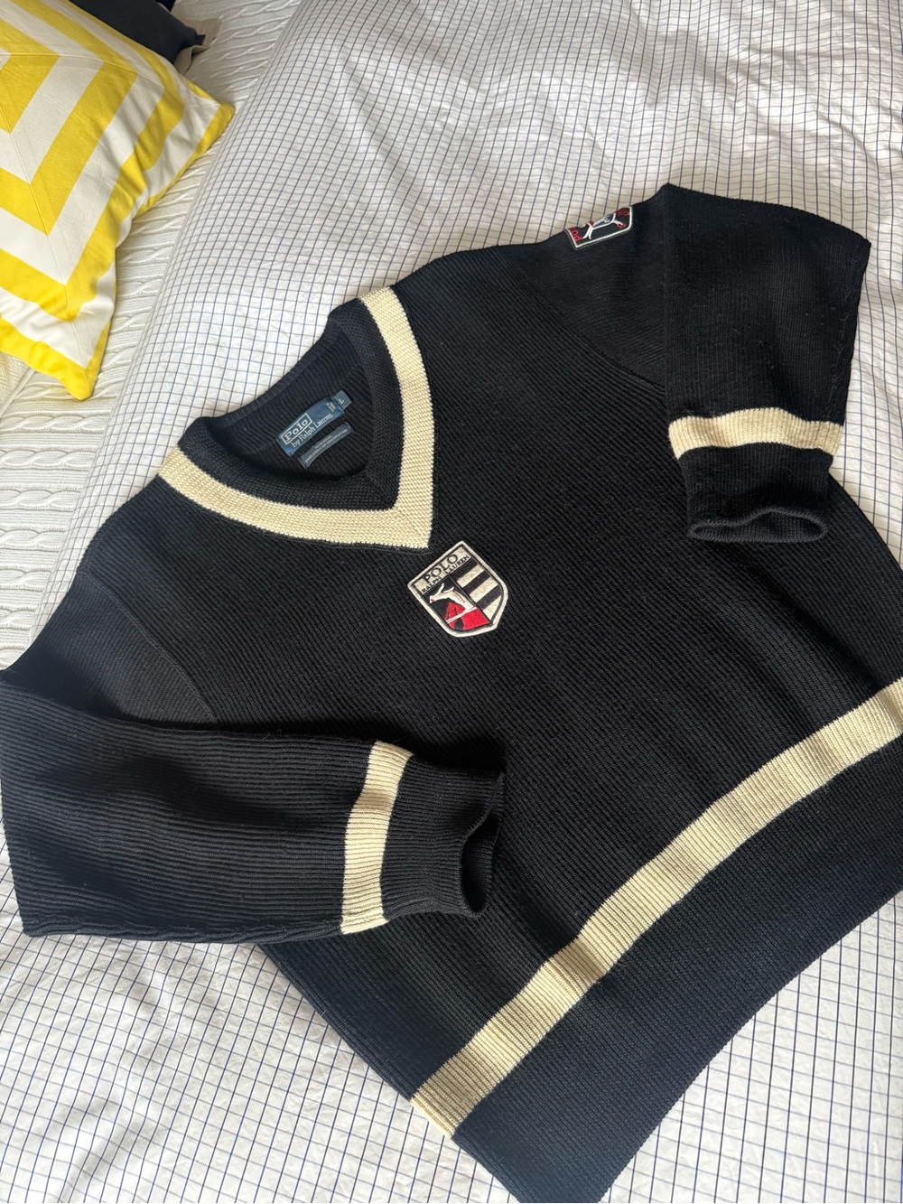 Vintage Polo by Ralph Lauren Black V-Neck Sweater with Cream Stripes and Crest